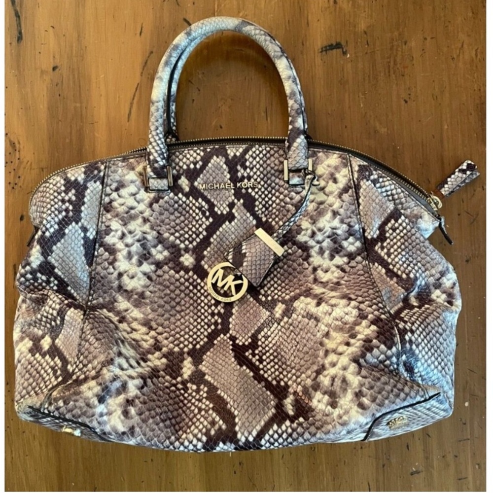 Michael Kors Riley Beige Python Embossed Leather Satchel Shoulder Bag Tote Purse